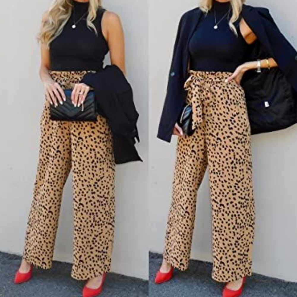 Cheetah Print Wide Leg Palazzo Pants Tie Waist Pockets Size Small - Picture 14 of 14